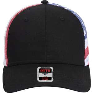 A 6 panel low profile trucker cap in black with a red, white, and blue mesh back and a logo label on the brim.