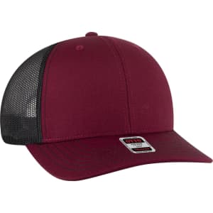 A maroon and black 6 panel mid-profile trucker cap with a mesh back and a logo on the front.