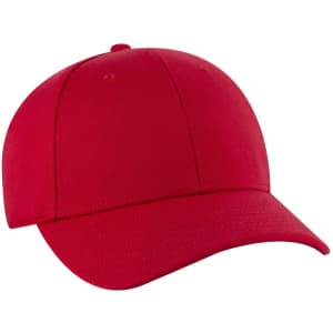 A red 6 panel low profile baseball cap with a curved peak and a logo on the front.