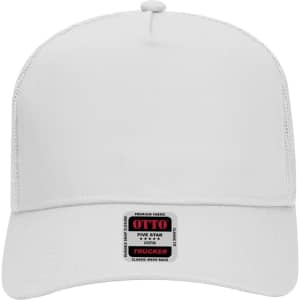A white 5 Panel Mid Profile Trucker Cap featuring a logo on the front and a mesh back.