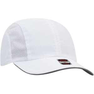 A white six-panel running cap with mesh sides and a branded tag on the front.