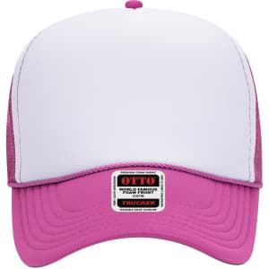 A pink mid profile trucker cap with a white front panel and mesh back, featuring a logo on the side.