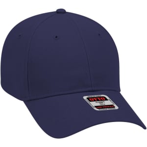 A navy blue, low profile, six-panel baseball cap with a logo on the front.
