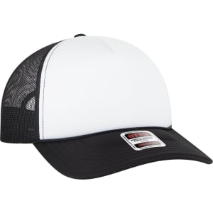A 5 Panel Low Profile Trucker Cap in black and white, featuring mesh sides and a logo.
