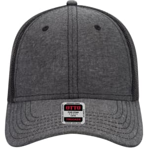 A grey 6 panel low profile trucker cap with a mesh back and a logo on the front.