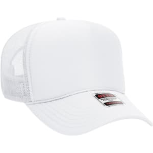 A white 5 panel mid profile trucker cap with a mesh back and a branded label on the front.