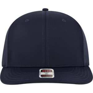 A navy 6 Panel Pro Style Snapback Hat with a flat brim and a logo on the front.