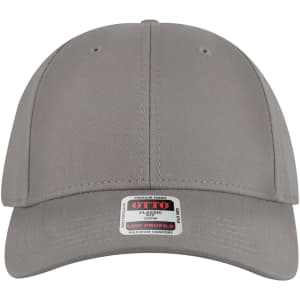 A grey 6-panel low profile baseball cap with a logo on the front and a structured design.
