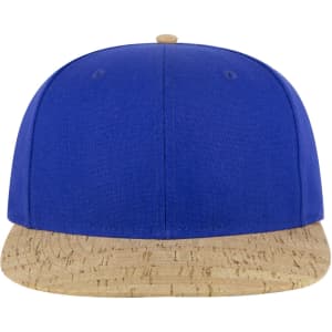 A blue snapback cap featuring a cork patterned brim and a round button on top. It has a logo on the front.