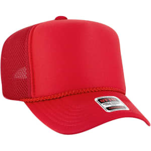 A red 5 panel high crown trucker hat with a mesh back and a logo on the front.