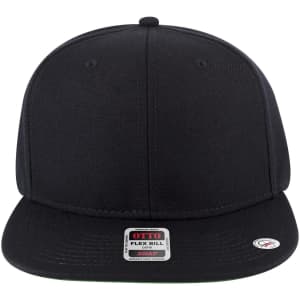 A snapback cap in black with a flat peak and a green undervisor. It features a branding logo on the side.