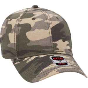 A camouflage baseball cap featuring a low-profile design and a branded tag, available in shades of green and brown.