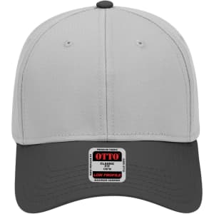 A low profile 6 panel baseball cap in light grey with a darker grey peak, featuring a logo on the front.