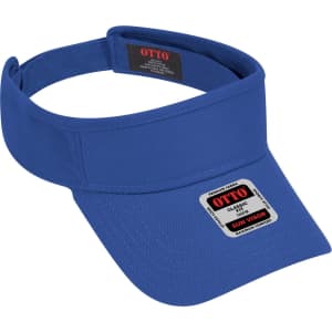 A blue sun visor featuring a wide brim and an adjustable strap. It has a logo on the front.