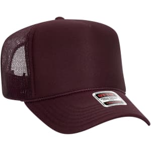A maroon 5 panel high crown trucker cap with a mesh back and a branding label on the front.