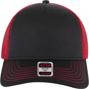 A black and red 5 Panel Low Profile Trucker Cap with a mesh back and a branded label on the front.
