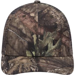 A camouflage 6 panel low profile baseball cap with a detailed nature pattern and a logo.