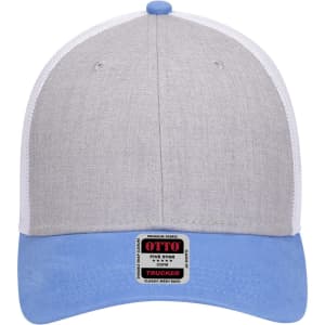 A grey and light blue six-panel low-profile trucker cap with a mesh back and a logo on the front.