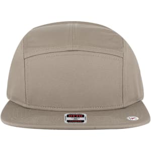A beige 5 Panel Camper Hat with a flat brim and a logo on the front.