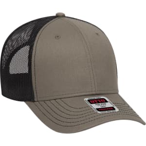 A 6 panel low profile trucker cap in khaki and black, featuring a mesh back and a branded label.