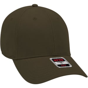 A dark olive green 6 panel low profile baseball cap with a logo patch on the front.