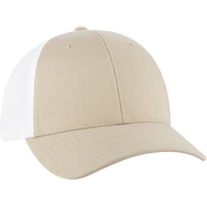 A beige and white Flex Fit 6 Panel Low Profile Trucker Cap with a rounded crown and a curved visor.