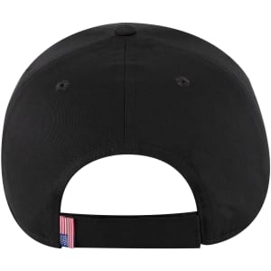 A black 6-panel low profile baseball cap featuring a logo and an American flag detail on the back strap.