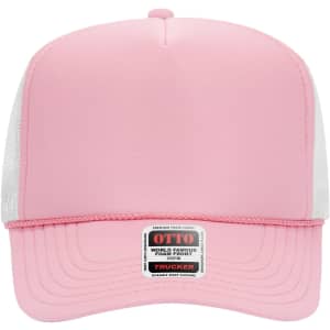 A pink 5 panel high crown trucker cap with a mesh back and a logo on the front.