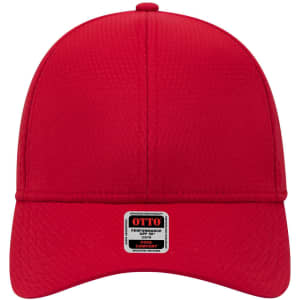 A red UPF 50+ six-panel low profile baseball cap with a branded label on the front.