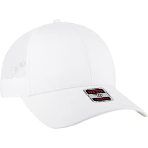 A white low profile trucker cap with mesh panels and a logo on the front.