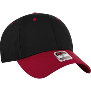 A low-profile baseball cap in black with a red brim. Features a logo on the side.