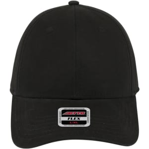 A black 6 panel low profile baseball cap featuring a logo tag on the front. 