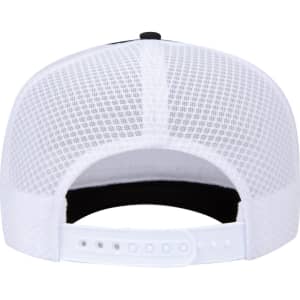A white mesh back trucker hat featuring a high crown and an adjustable strap. The interior is black.
