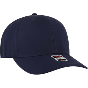 A navy blue 6 panel mid-profile baseball cap with a label and a curved brim.