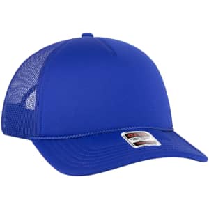 A blue 5 panel low profile trucker cap with a mesh back and a logo label on the front.