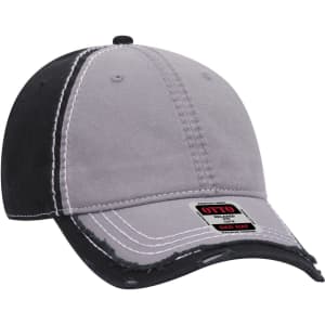 A grey and black low-profile dad cap featuring contrasting stitching and a logo on the front.