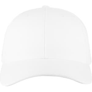 A white Flex Fit 6 Panel Low Profile Trucker Cap with a smooth surface and a curved brim.