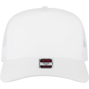 A white 5 panel mid profile trucker cap featuring a mesh back and a logo patch on the front.