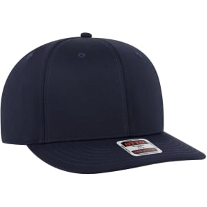 A navy blue 6 panel pro style snapback hat with an adjustable strap and a logo tag on the side.