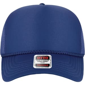 A navy blue 5 Panel High Crown Air Mesh Back Trucker Hat with a curved brim and branding on the front.