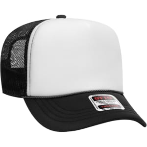 A black and white 5 Panel High Crown Trucker Cap for youth, featuring a mesh back and a branded label.