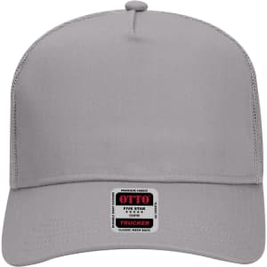 A grey 5 panel mid profile trucker cap with a mesh back and a logo on the front.