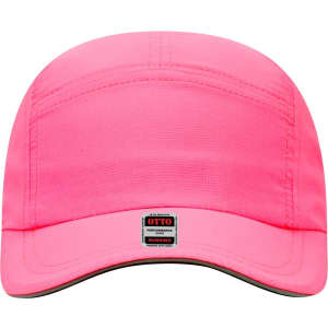 A reflective five-panel running cap in bright pink, featuring a logo on the front.