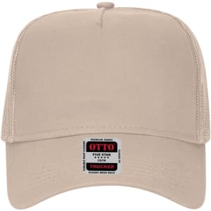 A beige 5 Panel Low Profile Trucker Cap featuring a mesh back and a label on the front.