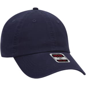 A navy blue 6 panel low profile dad cap with a logo label on the side.