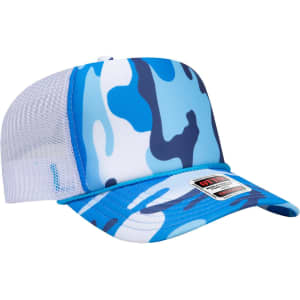 A blue camouflage 5 panel high crown trucker cap with a mesh back and a logo on the front.