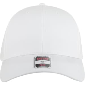 A white 6-panel low profile style baseball cap with a branded label on the front.