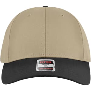 A beige and black 6 panel low profile baseball cap featuring a logo on the front.