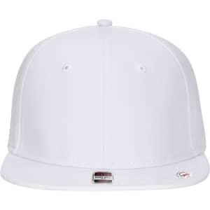 A white six-panel mid-profile snapback cap with a flat brim and a logo on the front.