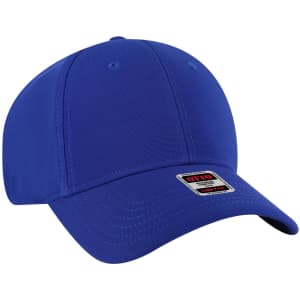 A blue low profile baseball cap featuring a branded logo on the front.